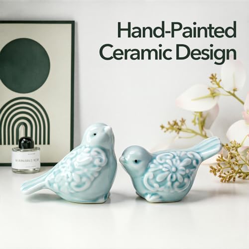 Ceramic Green Bird Figurines Set of 2, Hand-Painted Decorative Bird Statues for Shelves Cabinet Home Office Decor