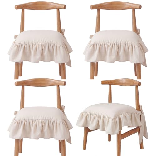 4 Pcs Beige Ruffle Chair Cushions Cover No Padding 17.5''x17.5'' French Chair Pad Slipcover with Ties Ruffled Skirt Seat Cover Farmhouse for Home Kitchen Decor - color: Beige, size: No Padding