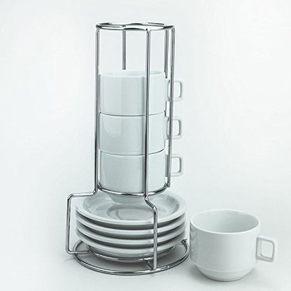 Huji Stack-able Porcelain 3.2 OZ Espresso Turkish Coffee Cups and Saucer Set with Chrome Rack (9 Piece Set) (1)