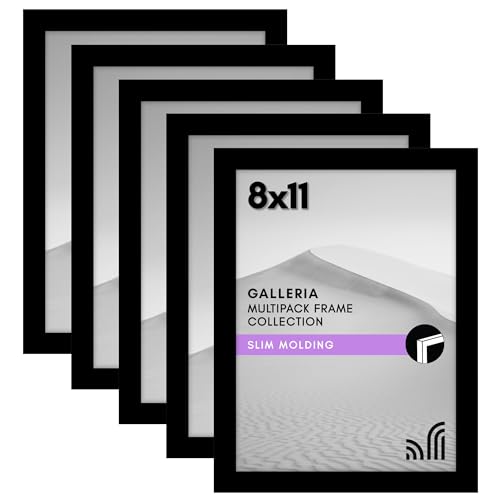 Americanflat 8x11 Picture Frame 5-Pack - Slim Molding - Black | Polished plexiglass front, wall or tabletop display with included easel, sawtooth hangers included, secure turn-tab backing - color: Black, size: 8.5x11