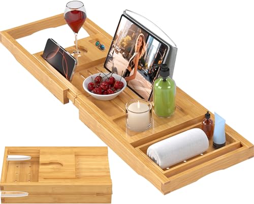 Bamboo Bathtub Tray Caddy, Foldable Bath Tray for Tub | Expandable Bath Table Trays, Bathtub & Bathroom Accessories for New Home/Mothers Day/Birthday Gifts for Couples, Natural - color: Bamboo