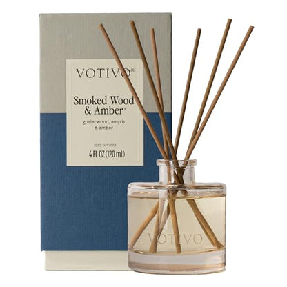Votivo Smoked Wood & Amber Signature Reed Diffuser | Woody Scented Home Fragrance Diffuser with Sticks, Reed Oil and Glass Bottle | Decorative Air Freshener for Home Decor | 4 oz