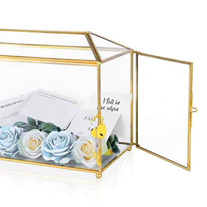 Glass Wedding Card Box with Lock, 12.6x5.9x9 inches Large Gold Card Boxes for Wedding Reception, Keepsake Display, Graduation, Party Centerpiece Decorative Box - size: 12.6 x 5.9 x 9 Inches without Arch