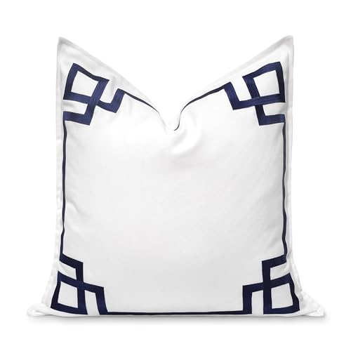 Hofdeco Premium Coastal Patio Indoor Outdoor Throw Pillow Cover Only, 20"x20" Water Repellent for Backyard, Couch, Navy Blue Embroidered Frame Greek Key - color: Navy Blue Frame Greek Key 20"x20"