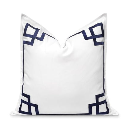 Hofdeco Premium Coastal Patio Indoor Outdoor Throw Pillow Cover Only, 20"x20" Water Repellent for Backyard, Couch, Navy Blue Embroidered Frame Greek Key - color: Navy Blue Frame Greek Key 20"x20"