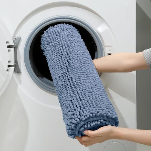 HOMEIDEAS 3 Pieces Bathroom Rugs, Ultra Soft Non Slip Absorbent Chenille Toilet Bath Mat Set (Grey Blue) - color: Grey-blue, size: 17"x24"+20"x32"+U Shape 20"x24"