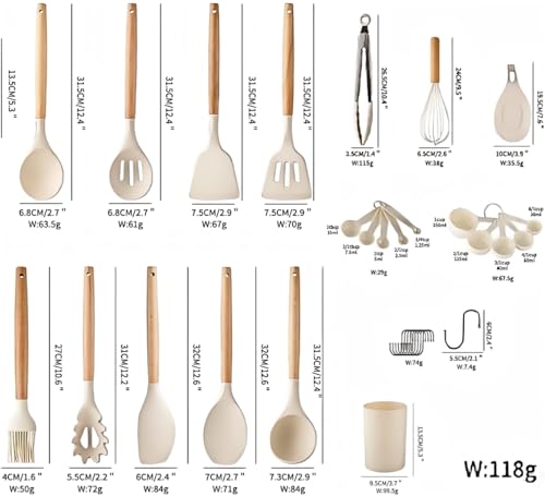 Silicone Cooking Utensils Set, 33PCS Kitchen Gadgets Tools with wooden Handle, Spoons, Spatulas, Whisk, Dishwasher Safe (Cream White, Set of 33)