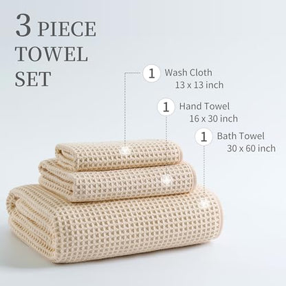MICROFI New Microfiber Waffle Bath Towels, 3 Pieces, Oversized, Soft, Absorbent, Fast Drying, Lint Free, Includes Bath, Face and Hand Towels 430 GSM - color: Champagne