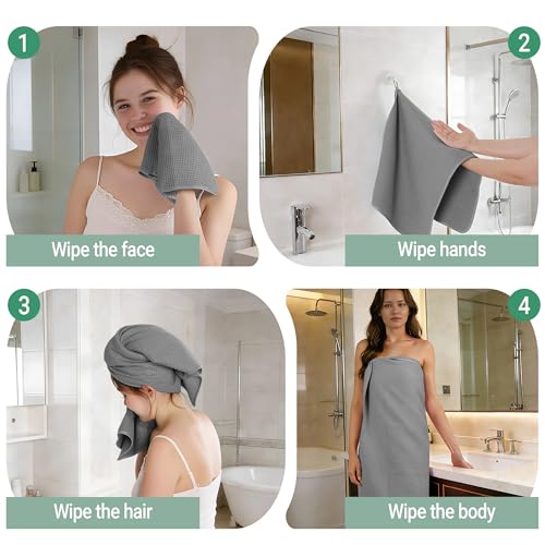 MICROFI Waffle Weave Bath Towel Set, Microfiber, 4 Pieces (Body/Hair/Hand/Face), Quick Dry, Lightweight, Super Absorbent, Lint Free, 380 GSM (Gray) - color: Gray