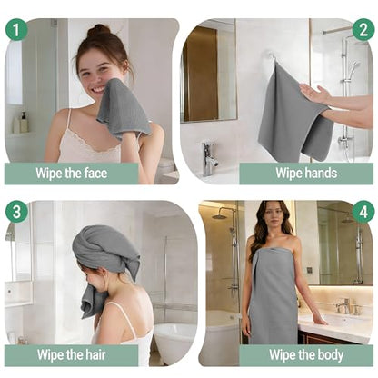 MICROFI Waffle Weave Bath Towel Set, Microfiber, 4 Pieces (Body/Hair/Hand/Face), Quick Dry, Lightweight, Super Absorbent, Lint Free, 380 GSM (Gray) - color: Gray