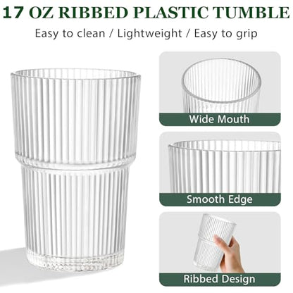 REALWAY 17oz Ribbed Plastic Glasses, Unbreakable Acrylic Drinking Cups – Clear, Reusable, Dishwasher Safe, Stackable Tumblers for Kitchen & Parties – Set of 12 - style: 12pack