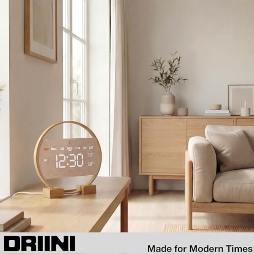 Driini Large Digital Wall Clock -Round Digital Bamboo Wooden Wall Clock with Large Display - LED Wall Clock - Auto-Dimming – Plug in USB with Temperature & Humidity – Large Wall Clock for Living Room.