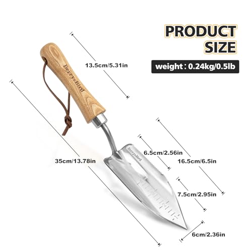 Berry&Bird Potting Trowel, Stainless Steel Serrated Hand Shovel, Wood Handle Garden Trowel Tool with Measuring Scale for Effortless Digging,Roots，Planting, Cutting and Transplanting - color: Potting Trowel