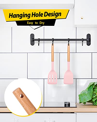 Pack of 2 Silicone Cooking Spatula, Heat Resistant Solid Turner, Non Stick Slotted Spatulas with Wooden Short Handle,Ideal Wood Kitchen Utensils Set for Frying, Baking, Flipping, Turning - color: Pink