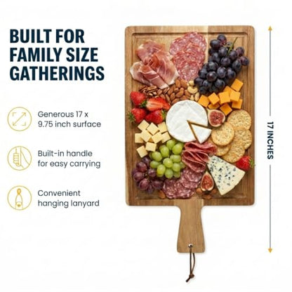 Acacia Wood Carving Board | 17" x 9.75" Charcuterie & Serving Board | Handle with Lanyard | Beveled Edge Design - color: Acacia, style: Wide Rectangle Non-Customizable