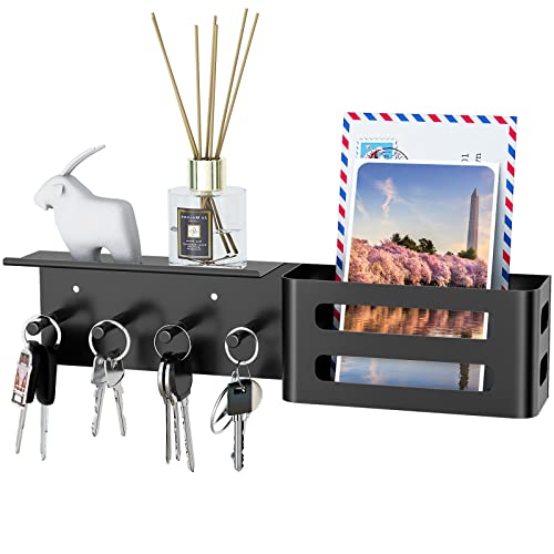 MKO Key Holder Wall Mount, Adhesive Key Hanger with 4 Hooks for Wall, Black | Metal Material, Key Rack with Shelf, Wall Mount, Mail Organizer Tray, Suitable for Entryway, Hallway, Living Room - color: Black with Shelf