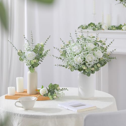 LUWENER 120 Pcs 5 Kinds Mixed Artificial Eucalyptus Leaves Stems,Bulk Fake Silver Dollar Leaves Faux Greenery Branches for Wedding DIY Bouquets, Floral Arrangement & Home Decor | White Silk Roses and Baby Breath Bulk, Fake Silver Dollar Leaves for Wedding