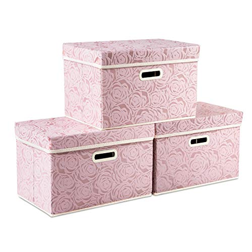 Collapsible Storage Boxes with Lids Fabric Decorative Storage Bins Cubes Organizer Containers Baskets with Cover Handles Divider for Bedroom Closet Living Room 14.9x9.8x9.8 Inch 3 Pack - color: Pink, size: Medium(3-Pack)