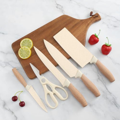 Knife Set, Wiztoynia 6-Piece Beige Kitchen Knife Set for Home, Anti-Rust Non-stick Stainless Steel Sharp Chef Knife Set with Universal Knife Block for Kitchen, Ergonomical Design (Beige) - color: Beige