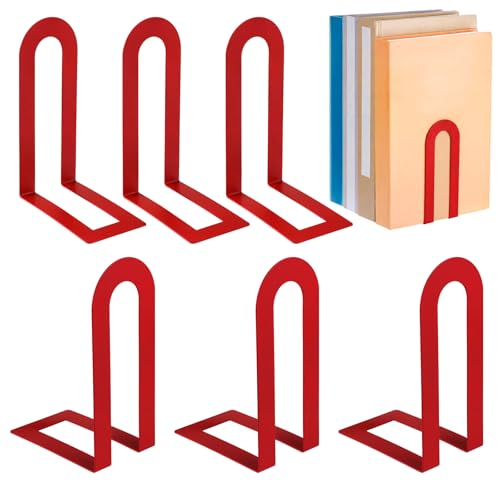 6 Pcs Metal Book Ends, Minimalist Red, 5.5 * 3.75 * 2.25inch | Decorative Bookends for Shelves, Stackable Organizer for Home Office, Geometric Design Holds Books Upright, Dorm Decor - color: Red, size: 5.5*3.75*2.25inch