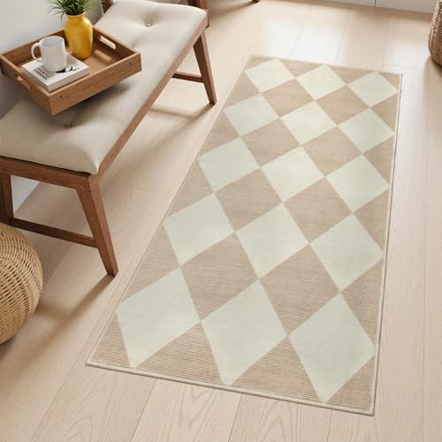 Beeiva Checkered Print Washable Runners for Hallways 2x4, Ultra Thin Beige Small Rugs for Entryway Low Pile Non Slip Bathroom Rug, Modern Geometric Decor Neutral Throw Rug for Kitchen Laundry Bedroom - color: Beige, size: 2' X 4' (Rectangular)