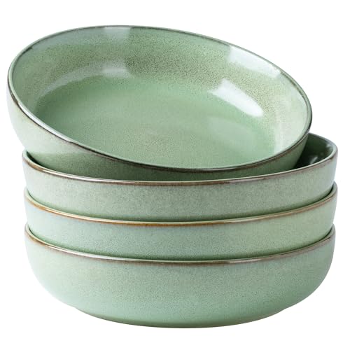 GBhome 8.75'' Large Ceramic Pasta Bowls, 38oz Stoneware Pasta Serving Bowls Set of 4 for Kitchen, Wide Bowls for Fruit,Pasta,Salad,Oatmeal,Meal, Microwave Safe, Reactive Glaze-Pastel Green - color: Pastel Green