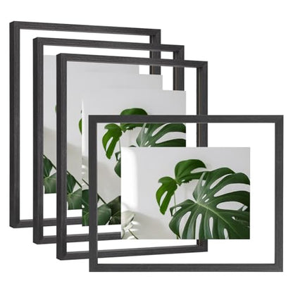 Egofine 11x14 Floating Frames Set of 4, Double Plexiglass Picture Frame, Made of Solid Wood Display Any Size Photo up to 11x14, Wall Mount or Tabletop Standing, Faded Black - color: Faded Black, size: 11x14 Set of 4