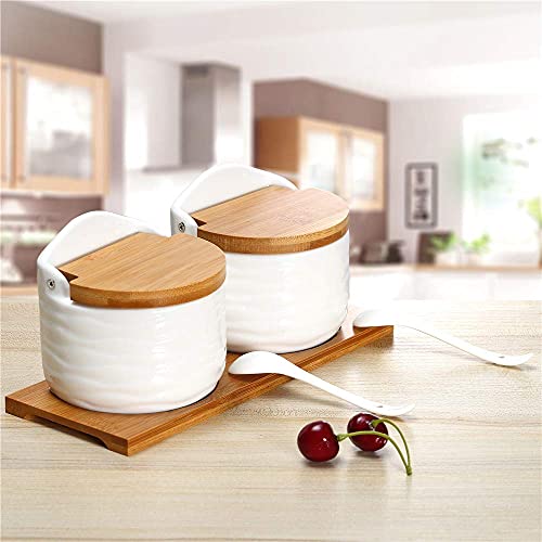 Ceramic Sugar Bowl with Bamboo Lids and Spoons Serving Tray, Porcelain Sugar Container for Sugar Tea Coffee Spice,Salt Condiment with Chalkboard Labels for Home Kitchen,9.1 fl oz 270 ML - color: C-001-2