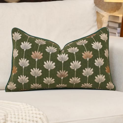 12x20 Pillow Cover, Green Floral Soft Decorative Lumbar Pillow Cover | Farmhouse Home Decor, Neutral Jacquard Patterned, Chenille Rectange Throw Pillow Cover, Accent Cushion Cover, Adding Texture - color: Green Floral, size: 20" x 12" (Pack of 1)