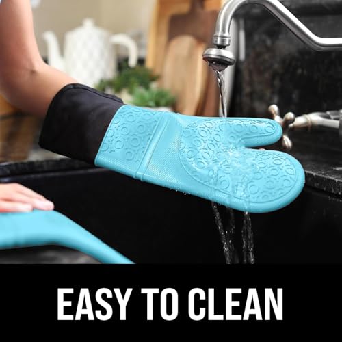 BPA-Free Soft Silicone Oven Mitts - Ultra Heat Resistant Oven Mitts with Thick Cotton Liner - Extra Long Slip Resistant Pot Holders, Flexible Oven Gloves - Aqua/Black 14.7" - color: Aqua, size: 2-Piece 14.7" Oven Mitts