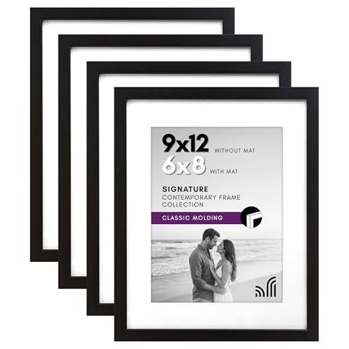 Americanflat 9x12 Picture Frame 4-Pack - Matted to 6x8 - Black | Shatter-resistant glass, hangs vertical or horizontal, hanging hardware included, fits photos, posters and art - color: Black, size: 9x12, style: 4 Pack