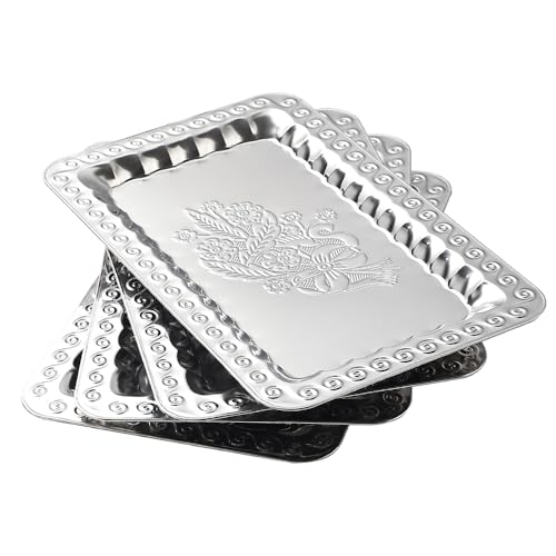 4 Pack Silver Serving Trays Set - 13.8 x 8.7 inch Lightweight Mirror Decorative Trays with Swirl Floral Engraving, Rectangular Platters for Party, Wedding, Dessert, Appetizers, Coffee & Charcuterie - size: 13.8" x 8.7"