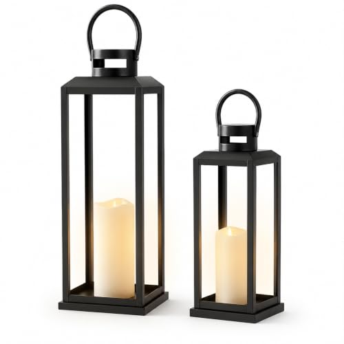 Black Lanterns Decorative Outdoor Indoor, 17" 13" Tall | Set of 2, Waterproof, Morden, Metal, with 2 Flameless Candles, Perfect for Floor Patio, Porch, Wedding, Farmhouse