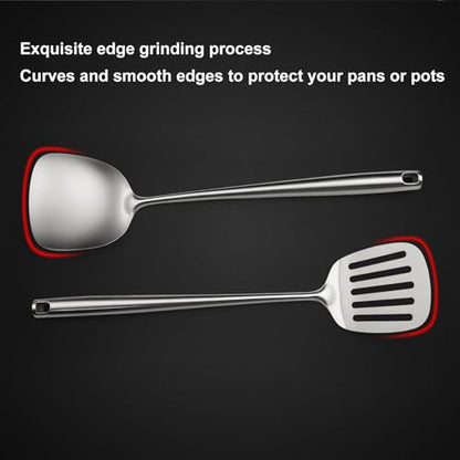 18/10 Stainless Steel Cooking Utensils Set,9 Pcs Professional All Metal Stainless Steel Kitchen Utensils Set with Wok Spatula,Soup Ladle,Skimmer,Slotted Spatula Turner, Large Spoon(Dishwasher Safe)