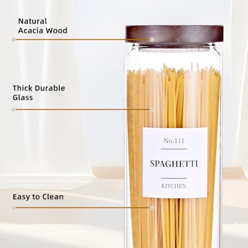 Tzerotone Glass Pantry Storage Jars with Acacia Airtight Lid, 50 OZ Kitchen Canisters with Wood Lid and 132 Pantry Labels, Food Storage Containers Set of 3 - color: 50OZ-3PCS
