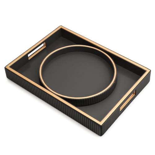 Leather Tray Desktop Storage Organizer, Decorative Tray Set, Black | Premium Serving Trays Valet Tray for Sundries Cosmetics Phone Wallet Cutlery, Set of 2, Black Holder with Disc - color: Black Holder With Disc