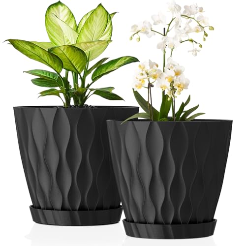 UOUZ 8 Inch Plant Pots, 2 Pack Plastic Planters for Indoor Outdoor with Drainage Holes & Saucers, Waffle Texture Flower Pots for Indoor Plants, Indoor Plant Pots for Monstera, Fiddle Leaf Fig, Black - color: Black, size: 2 pack