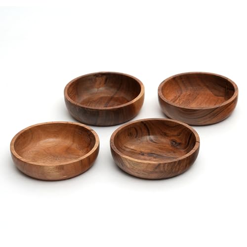Acacia Wood Bowls - 4.75-inch Brown Wooden Bowls, 400 cubic cm (0.40 liters) Each, Set of 4 - size: 4 Bowls of 4.75-Inch (0.40 Liters)