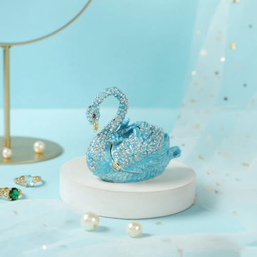 Skyblue Swan Trinket Boxes Hinged Enamel Small Jewelry Box Hand-Painted Collectible Swan Figurines Craft Gift for Women - color: Skyblue