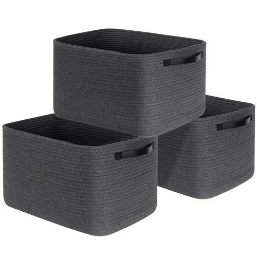 3-Pack Decorative Woven Storage Baskets for Shelves, Cube Bin Box for Organizing Books, Shoes, Dog Toys, Pantry Closet and Living Room Organizer, Charcoal / Black - color: Charcoal Gray / Black
