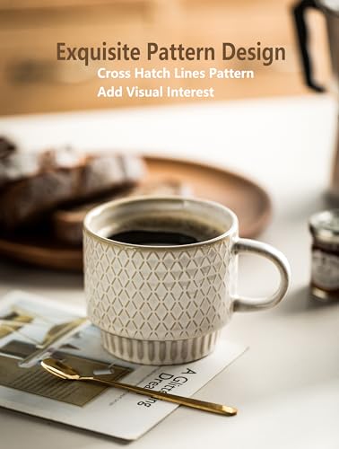 Gomakren Coffee Mugs Set of 4 Ceramic Coffee Cup with Stand, Creamy White | 13oz Stackable, Embossed Grid Mugs, Black Metal Rack, Lead-Free Dishwasher Safe, with Gold Spoons for Home Coffee Bar - color: Creamy White