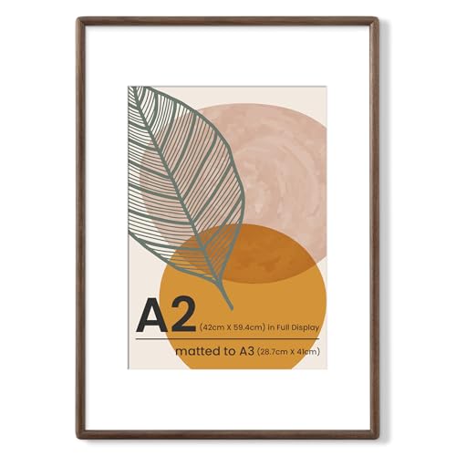A2 Walnut Frame - Rounded Corner A3 Picture Frame Matted to A3 - USA-Sourced Walnut Wood Poster Frame with Tempered Glass for Wall Mount Display - color: Walnut, size: A2 - 1P