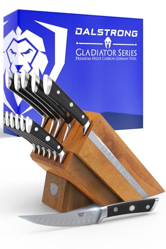 Dalstrong 12-Piece Elite Knife Block Set — German High-Carbon Steel, Full-Tang, Hand-Polished — Chef + Santoku + Nakiri + Boning + Fillet + 6 Steak — Gladiator Series Manchurian Ash Block, NSF - color: Black, size: 12-Pc