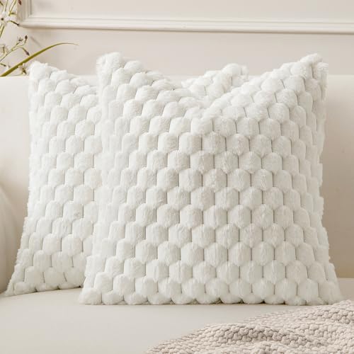 MIULEE White Faux Fur Decorative Throw Pillow Covers 20x20 Inch Set of 2 Super Soft Cozy Plush Cushion Cases Luxury Fluffy Pillowcases for Sofa Couch Bed Living Room - color: White, size: 20" x 20" (Pack of 2)