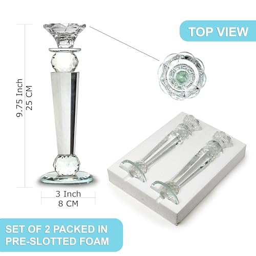 Allgala Set of 2 Crystal Glass Made Reverse Tapered Pillar and Hand Crafted Ball Candlesticks-10-HD89152 - size: 2 PC (10")