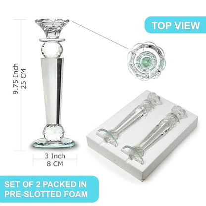 Allgala Set of 2 Crystal Glass Made Reverse Tapered Pillar and Hand Crafted Ball Candlesticks-10-HD89152 - size: 2 PC (10")