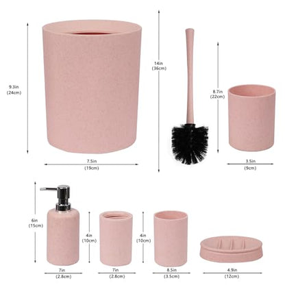 CERBIOR Bathroom Accessories Set 6 Piece Wheat Straw Bath Ensemble,Pink | Includes Soap Dispenser,Tooth Brush Holder,Toothbrush Cup, Soap Dish for Decorative Countertop and Housewarming Gift - style: Pink