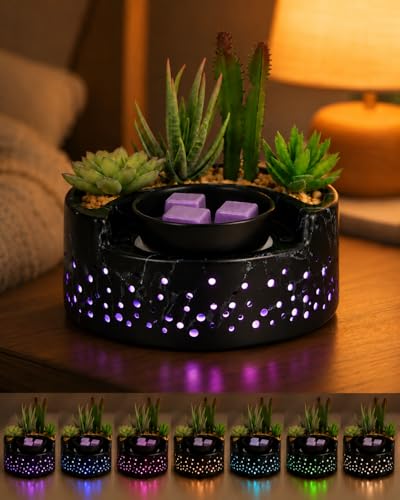 Ceramic Wax Melt Candle Warmer 4-in-1, Flameless PTC Heating with 7-Color LED Night Light, Electric Essential Oil Diffuser, Zen Design Marble Succulent Pot, for Yoga Room Home Office Decor