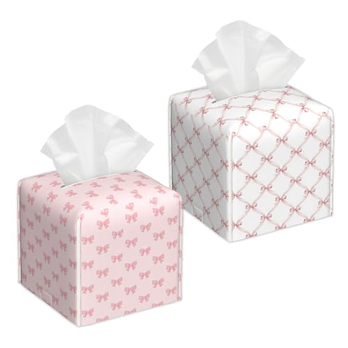 Pink Bow 2 Pcs Tissue Box Cover Square, Leather Tissue Box Holder for Bathroom Livingroom Bedroom, Cute Decorations Cube Tissue Holder - color: Pink Bow