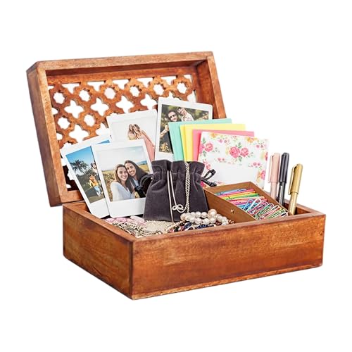 Trellis Mango Wood Storage Box - Medium Burnt, 9x6 in | Hand-carved wooden jewelry box designed for keeping family keepsakes, daily accessories and premium home decor accents. - color: Medium Polish, size: Large